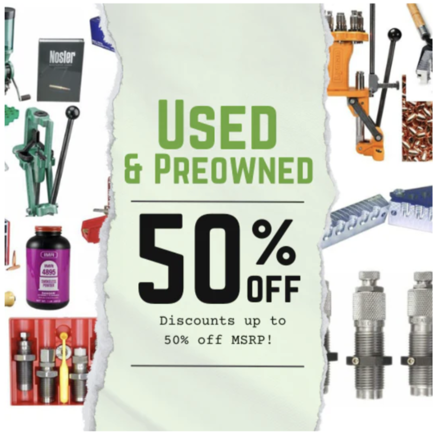 Shop reloading accessories including scales, calipers, case trimmers, and essential tools for precision handloading.